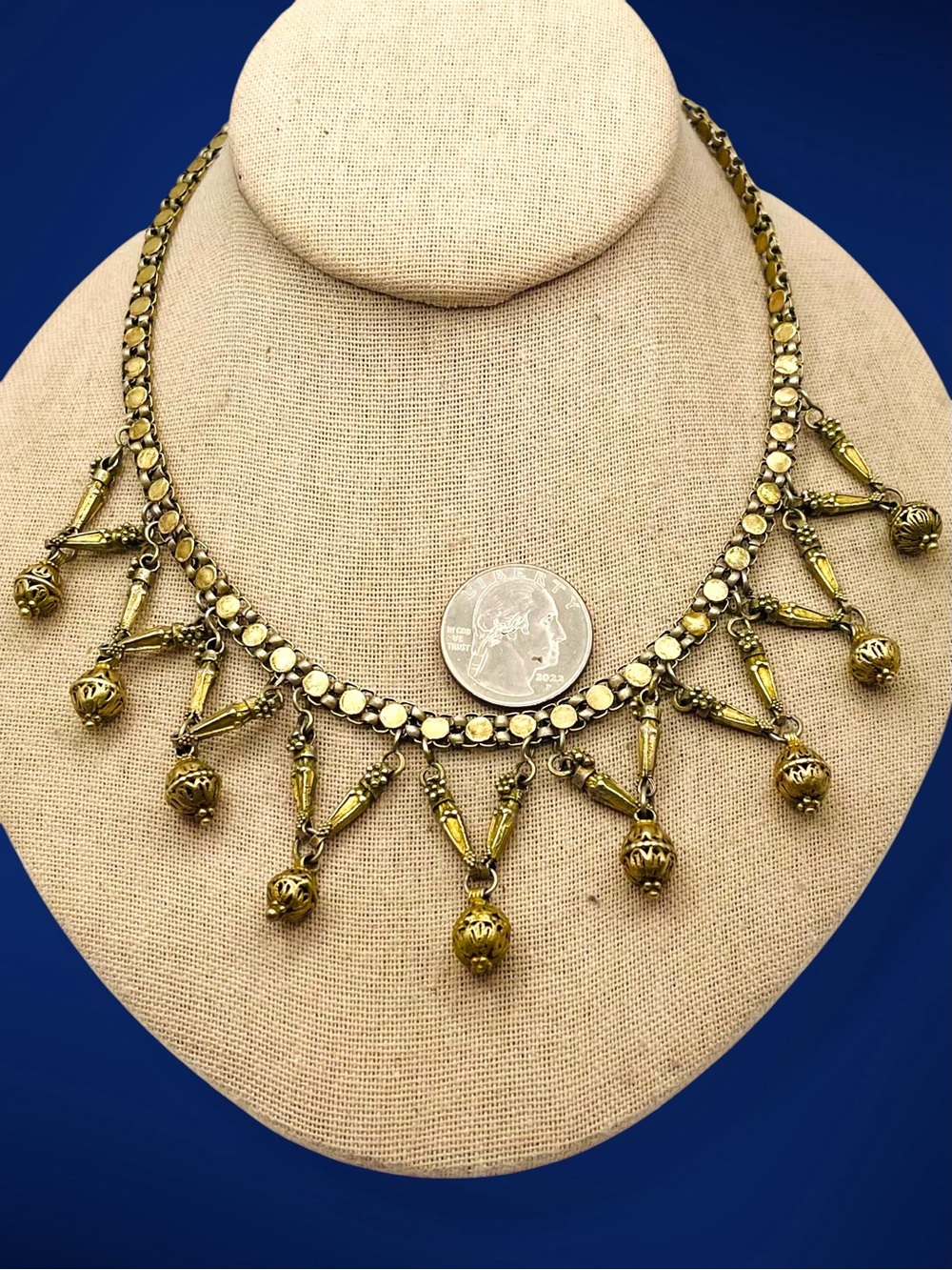 Vintage Ethnic Brass Festoon Bib Necklace Dangle Fringe Drop Statement - Picture 10 of 15